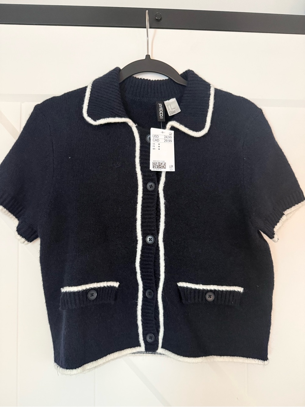NWT DIVIDED Navy Short-Sleeve Cardigan with White Trim- size Medium